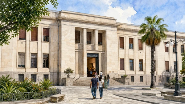 Original documentary watercolour of MArRC: Calabria before and beyond the Riace Bronzes in Reggio and the Strait · Calabria, showing accurate architecture, landscape, people and present-day use
