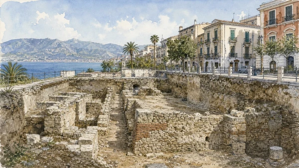 Original documentary watercolour of Rhegion beneath the modern city in Reggio and the Strait · Calabria, showing accurate architecture, landscape, people and present-day use