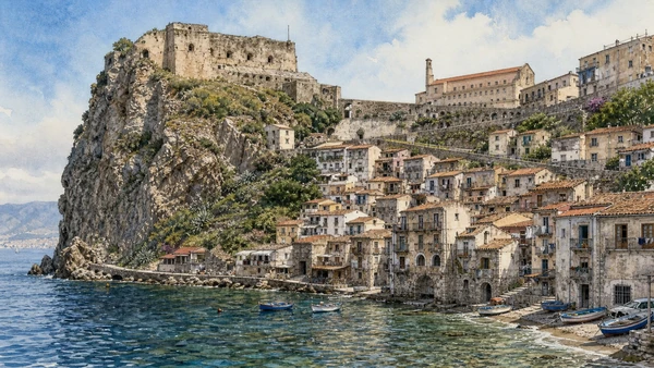 Original documentary watercolour of Scilla and Chianalea: settlement between cliff and water in Reggio and the Strait · Calabria, showing accurate architecture, landscape, people and present-day use
