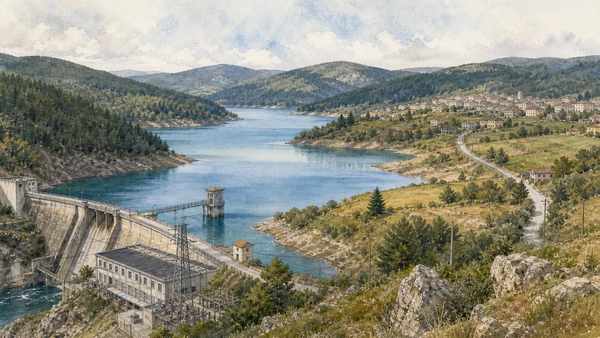 Original documentary watercolour of Lake Ampollino and Cotronei: water, energy and settlement in Sila · Calabria, showing accurate architecture, landscape, people and present-day use