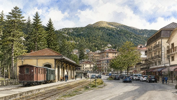 Original documentary watercolour of Camigliatello Silano: service town and mountain access in Sila · Calabria, showing accurate architecture, landscape, people and present-day use