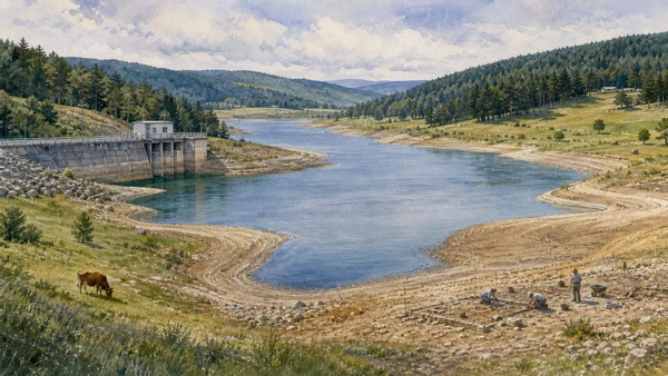 Original documentary watercolour of Lake Cecita: reservoir, wetlands and archaeology in Sila · Calabria, showing accurate architecture, landscape, people and present-day use