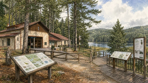 Original documentary watercolour of Cupone Visitor Centre: orientation beside Lake Cecita in Sila · Calabria, showing accurate architecture, landscape, people and present-day use