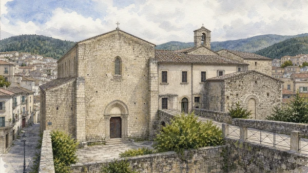 Original documentary watercolour of Florense Abbey: Joachim's institution and later rebuilding in Sila · Calabria, showing accurate architecture, landscape, people and present-day use