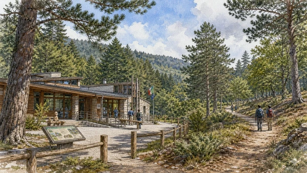 Original documentary watercolour of A. Garcea Visitor Centre and the southern Sila in Sila · Calabria, showing accurate architecture, landscape, people and present-day use