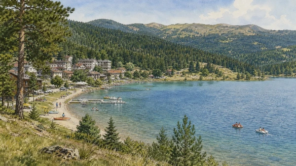 Original documentary watercolour of Lorica and Lake Arvo: village, dam and recreational shore in Sila · Calabria, showing accurate architecture, landscape, people and present-day use
