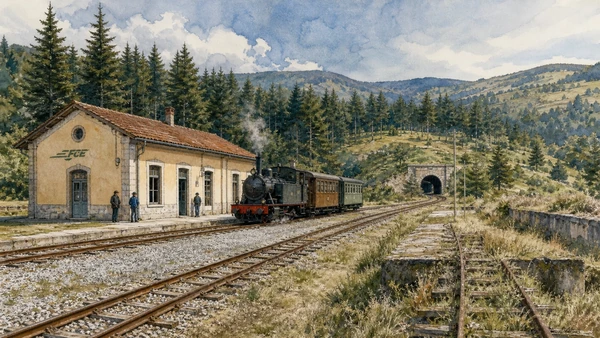 Original documentary watercolour of The Sila railway: historic engineering with variable operation in Sila · Calabria, showing accurate architecture, landscape, people and present-day use