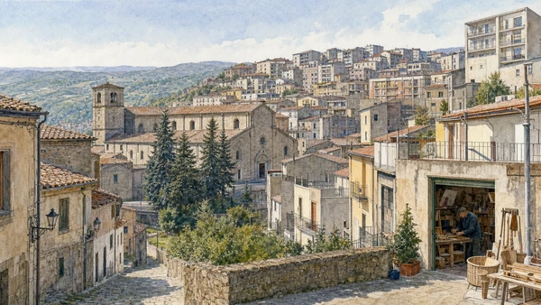 Original documentary watercolour of San Giovanni in Fiore: plateau town and migration history in Sila · Calabria, showing accurate architecture, landscape, people and present-day use