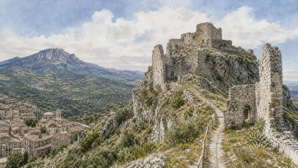 Original documentary watercolour of Mount Consolino and Stilo Castle in Stilo and Gerace · Calabria, showing accurate architecture, landscape, people and present-day use