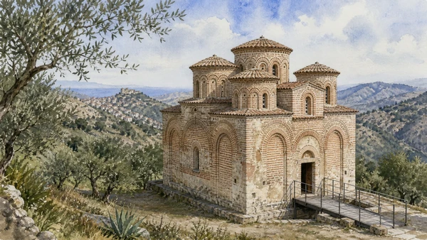 Original documentary watercolour of Cattolica di Stilo: middle-Byzantine architecture in miniature in Stilo and Gerace · Calabria, showing accurate architecture, landscape, people and present-day use