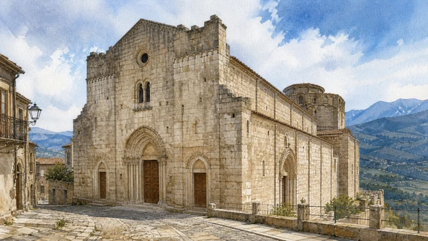 Original documentary watercolour of Gerace Cathedral: Greek and Latin worlds in one long building history in Stilo and Gerace · Calabria, showing accurate architecture, landscape, people and present-day use