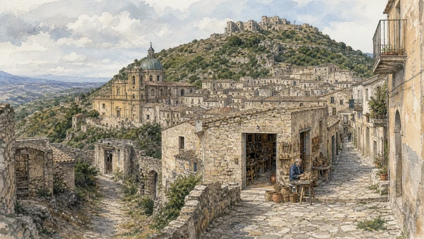 Original documentary watercolour of Gerace: castle ridge, workshops and inhabited stone streets in Stilo and Gerace · Calabria, showing accurate architecture, landscape, people and present-day use