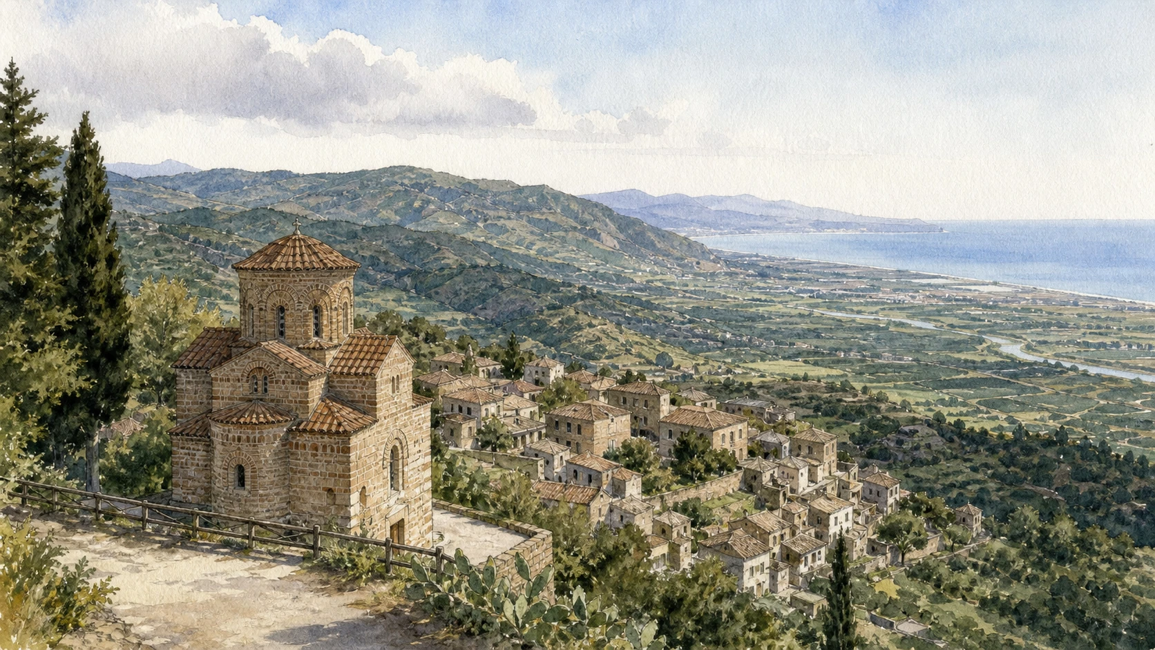 Original documentary watercolour panorama for Stilo and Gerace: Complete Guide, with accurate Calabrian architecture, landscape and lived context