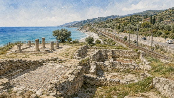 Original documentary watercolour of Kaulon at Monasterace: Greek city and Roman maritime house in Stilo and Gerace · Calabria, showing accurate architecture, landscape, people and present-day use