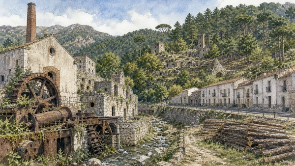 Original documentary watercolour of Mongiana ironworks: state industry in the Serre in Stilo and Gerace · Calabria, showing accurate architecture, landscape, people and present-day use