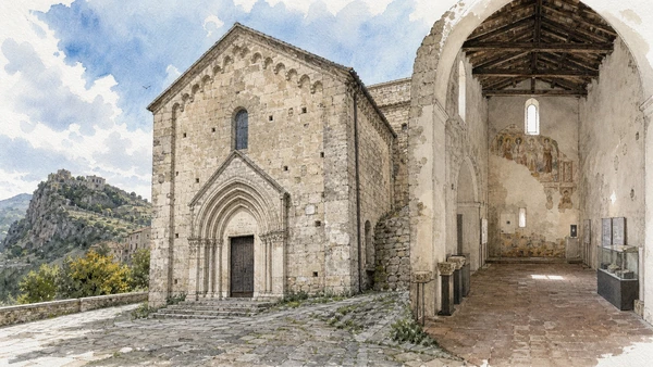 Original documentary watercolour of San Francesco d'Assisi in Gerace: mendicant church and later reuse in Stilo and Gerace · Calabria, showing accurate architecture, landscape, people and present-day use