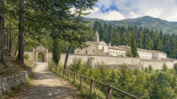 Original documentary watercolour of Serra San Bruno: charterhouse, forest and living enclosure in Stilo and Gerace · Calabria, showing accurate architecture, landscape, people and present-day use