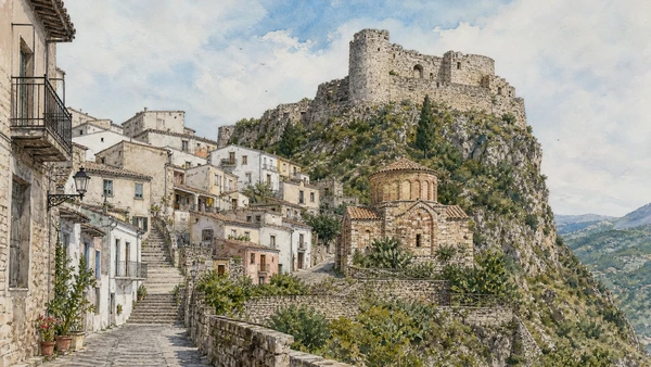 Original documentary watercolour of Stilo historic centre: Campanella's town beyond the monument in Stilo and Gerace · Calabria, showing accurate architecture, landscape, people and present-day use
