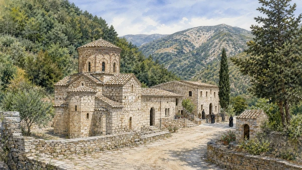 Original documentary watercolour of San Giovanni Theristis: monastic revival and historic fabric in Stilo and Gerace · Calabria, showing accurate architecture, landscape, people and present-day use