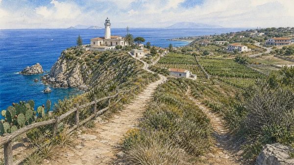 Original documentary watercolour of Capo Vaticano and Ricadi: headland, farms and exposed paths in Tropea and the Costa degli Dei · Calabria, showing accurate architecture, landscape, people and present-day use