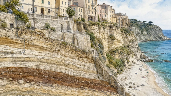 Original documentary watercolour of Tropea's cliff: urban geology and water management in Tropea and the Costa degli Dei · Calabria, showing accurate architecture, landscape, people and present-day use