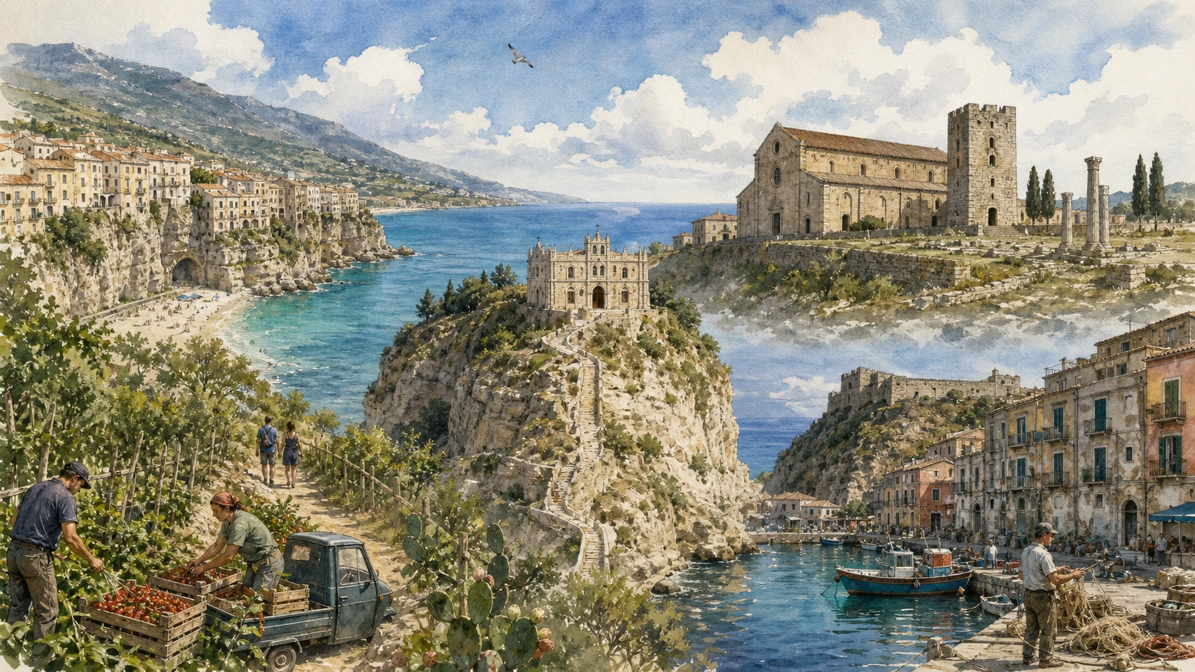 Original documentary watercolour panorama for Tropea and the Costa degli Dei: Complete Guide, with accurate Calabrian architecture, landscape and lived context