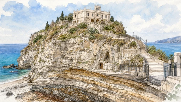 Original documentary watercolour of Santa Maria dell'Isola: sanctuary on a changing rock in Tropea and the Costa degli Dei · Calabria, showing accurate architecture, landscape, people and present-day use