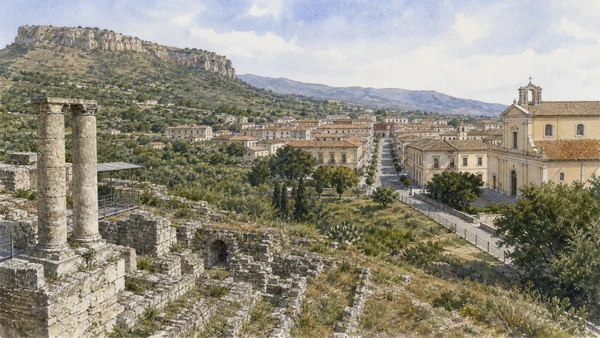 Original documentary watercolour of Mileto: Norman institutions and a town rebuilt elsewhere in Tropea and the Costa degli Dei · Calabria, showing accurate architecture, landscape, people and present-day use