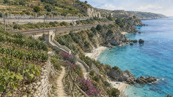 Original documentary watercolour of Parghelia and Michelino: coves beneath cultivated slopes in Tropea and the Costa degli Dei · Calabria, showing accurate architecture, landscape, people and present-day use