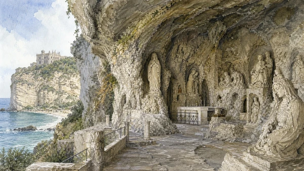 Original documentary watercolour of Piedigrotta: devotion and sculpture inside coastal rock in Tropea and the Costa degli Dei · Calabria, showing accurate architecture, landscape, people and present-day use