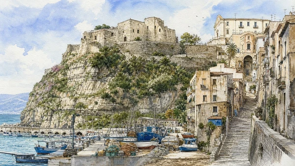 Original documentary watercolour of Pizzo: castle, lanes and working marina in Tropea and the Costa degli Dei · Calabria, showing accurate architecture, landscape, people and present-day use
