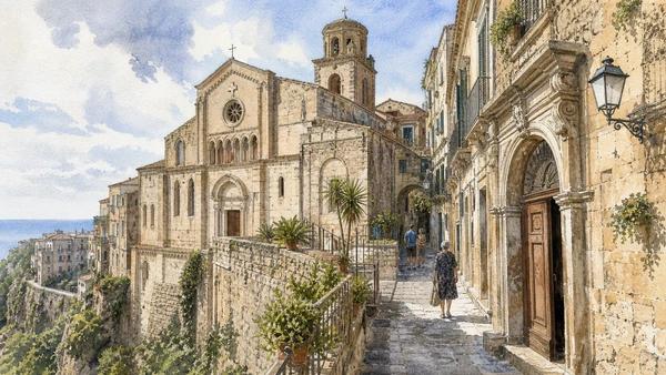 Original documentary watercolour of Tropea old town: cathedral, lanes and inhabited palaces in Tropea and the Costa degli Dei · Calabria, showing accurate architecture, landscape, people and present-day use