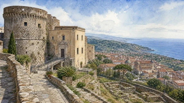 Original documentary watercolour of Vibo Valentia: castle and the Vito Capialbi Museum in Tropea and the Costa degli Dei · Calabria, showing accurate architecture, landscape, people and present-day use