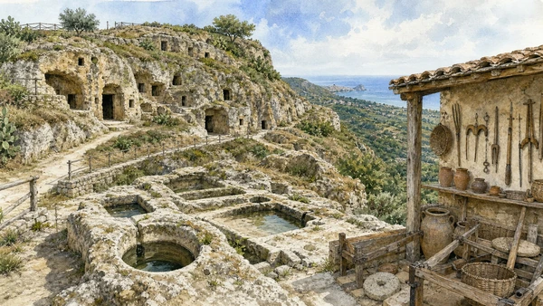 Original documentary watercolour of Zungri rock settlement: excavated rooms and a rural museum in Tropea and the Costa degli Dei · Calabria, showing accurate architecture, landscape, people and present-day use