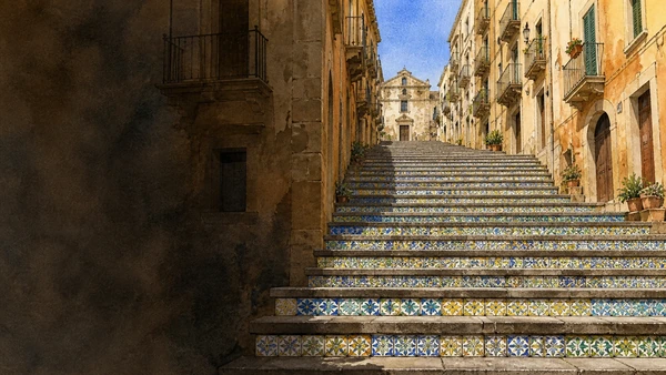 Documentary watercolour of the Scala di Santa Maria del Monte rising through the historic centre of Caltagirone with its ceramic risers and church at the summit