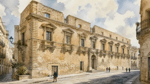 Documentary watercolour of Palazzo Moncada in Caltanissetta with its long unfinished façade, carved window brackets and surrounding city street