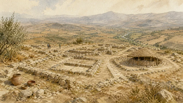 Documentary watercolour of the Sabucina archaeological site with low settlement walls, a protected hut footprint and the inland Salso-Imera landscape