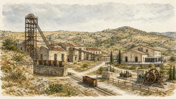 Documentary watercolour of the preserved Trabia-Tallarita sulphur mine with headframe, processing buildings, mine carts and machinery in dry inland hills