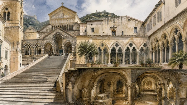 Original documentary watercolour of Amalfi Cathedral: basilica, cloister and diocesan memory in Campania, showing accurate heritage, terrain and present-day use