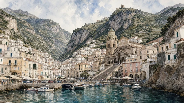 Original documentary watercolour of Amalfi: a compact maritime city in a steep valley in Campania, showing accurate heritage, terrain and present-day use