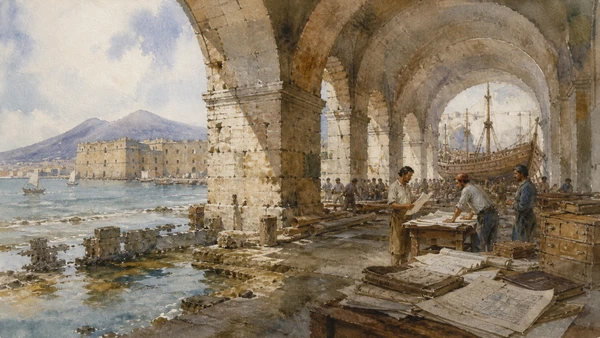 Original documentary watercolour of The Arsenal: ships, documents and maritime institutions in Campania, showing accurate heritage, terrain and present-day use