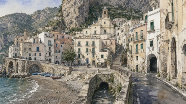 Original documentary watercolour of Atrani: inhabited coastal fabric beside Amalfi in Campania, showing accurate heritage, terrain and present-day use