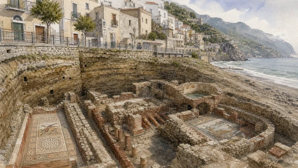 Original documentary watercolour of Minori and the Roman maritime villa in Campania, showing accurate heritage, terrain and present-day use