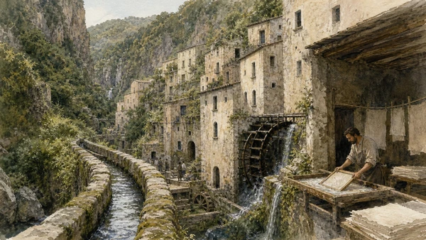 Original documentary watercolour of Valley of the Mills and paper: water as industry in Campania, showing accurate heritage, terrain and present-day use