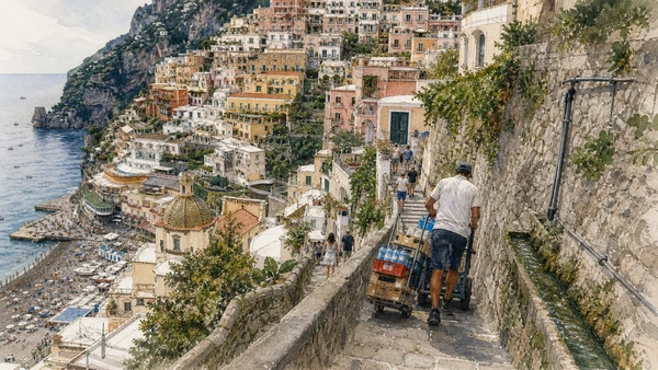 Original documentary watercolour of Positano: vertical settlement and visitor pressure in Campania, showing accurate heritage, terrain and present-day use