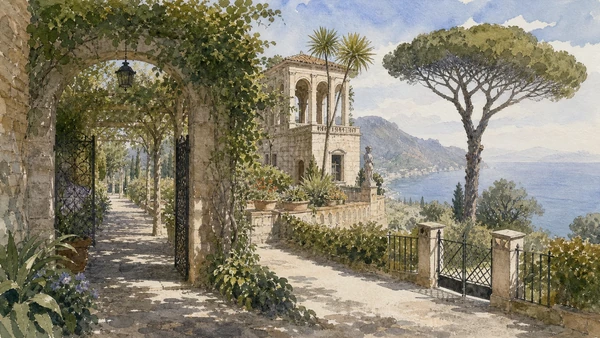 Original documentary watercolour of Villa Cimbrone: a historic garden assembled through revival in Campania, showing accurate heritage, terrain and present-day use