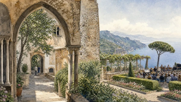 Original documentary watercolour of Ravello and Villa Rufolo: patronage above the coast in Campania, showing accurate heritage, terrain and present-day use