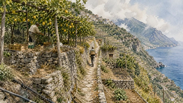 Original documentary watercolour of Terraces, lemons and high paths: agriculture before panorama in Campania, showing accurate heritage, terrain and present-day use