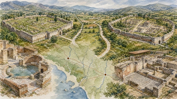 Original documentary watercolour of Abellinum and Aeclanum: two ancient cities in modern Irpinia in Campania, showing accurate heritage, terrain and present-day use
