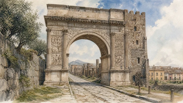 Original documentary watercolour of Arch of Trajan: imperial gateway and carved programme in Campania, showing accurate heritage, terrain and present-day use